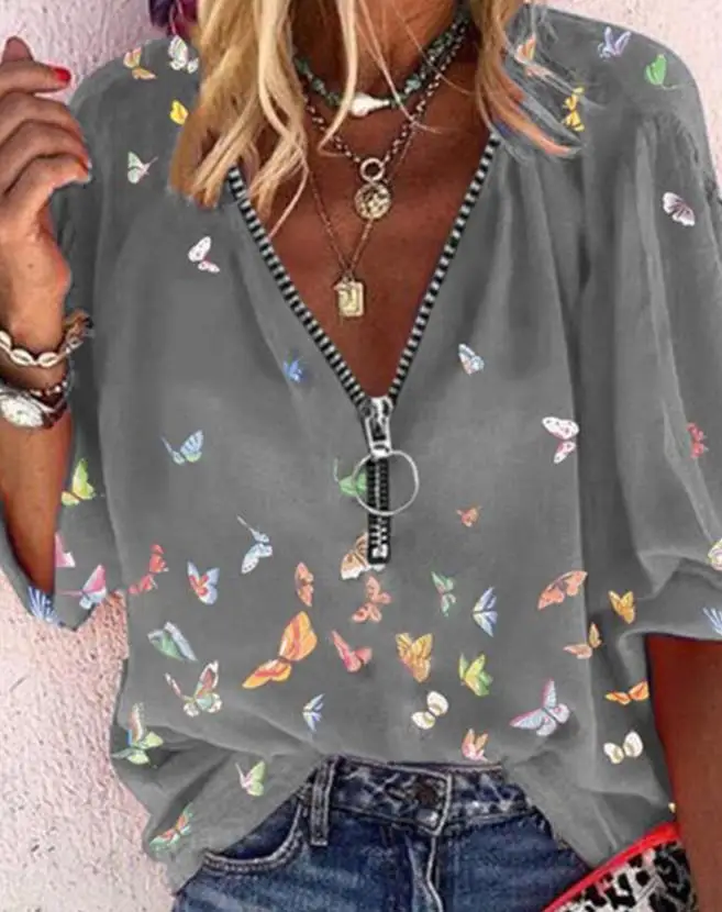 New Fashion 2023 Casual Blouses Shirt Summer Short Sleeve V-Neck Butterflies Print Zipper Long Sleeve Shirt 
New Fashion 2023 Casual Blouses Shirt Summer Short Sleeve V-Neck Butterflies Print Zipper Long Sleeve Shirt