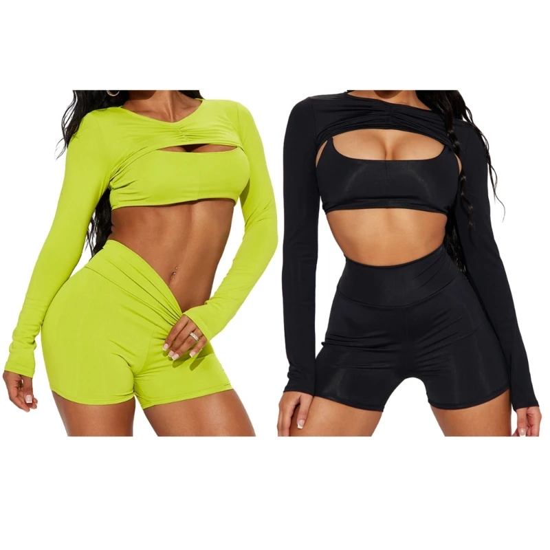 Women Summer 3 Piece Outfits Shorts Sets Long Sleeve Tshirt Crop Top Tops and High Waist Shorts Solid Color new item
Women Summer 3 Piece Outfits Shorts Sets Long Sleeve Tshirt Crop Top Tops and High Waist Shorts Solid Color new item