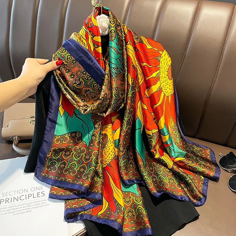 

2023 женский новый Шелковый летний шарф 180*90 см роскошный дизайн солнцезащитный пляжный шарф с принтом модный гладкий платок женский хиджаб