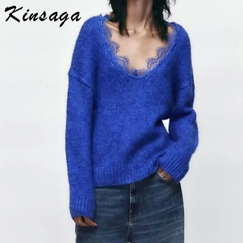 Sexy Lace Patchwork Blue Baggy Sweater Women Korean Fashion Y2k V-neck Long Sleeve Casual Knit Tops Elegant Oversized Sweaters
Sexy Lace Patchwork Blue Baggy Sweater Women Korean Fashion Y2k V-neck Long Sleeve Casual Knit Tops Elegant Oversized Sweaters