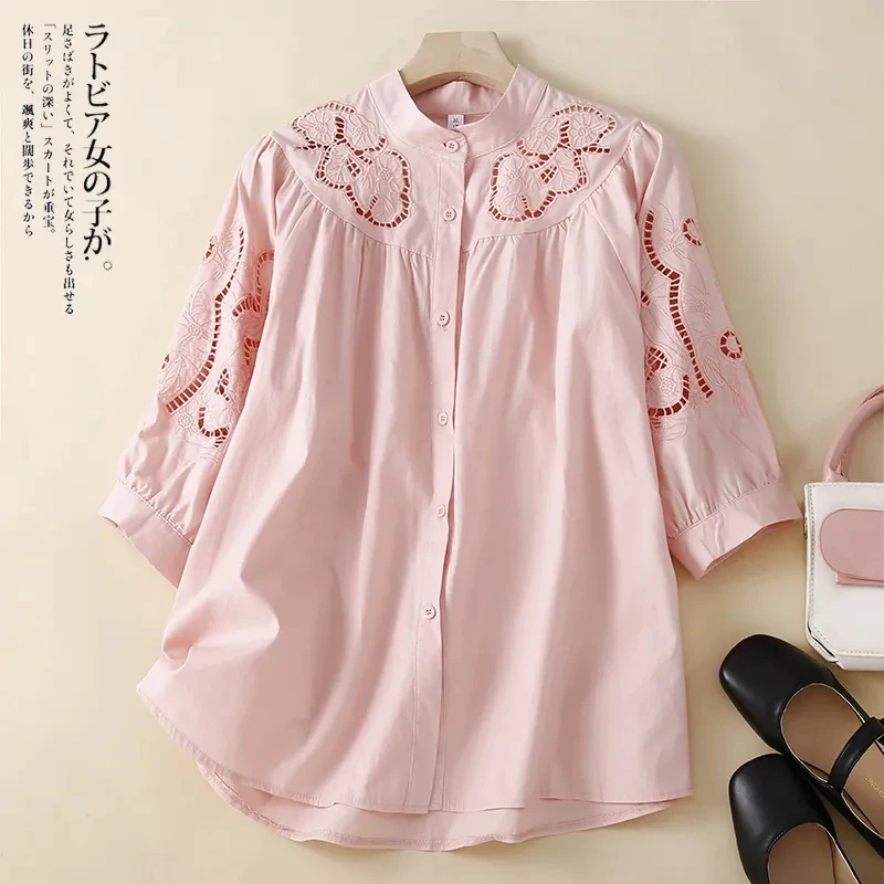 

2023 Summer Shirt Women Literary Collar Seven-Point Lantern Sleeve Single Breasted Embroidered Openwork Loose Casual Blouse