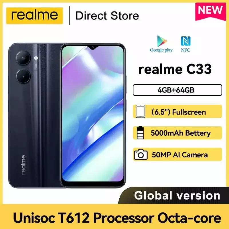 Global Version realme C33 Phone Powerful Octa-core Unisoc T612 Processor 6.5'' Display 5000mAh Battery 50MP AI Camera Phone
Global Version realme C33 Phone Powerful Octa-core Unisoc T612 Processor 6.5'' Display 5000mAh Battery 50MP AI Camera Phone