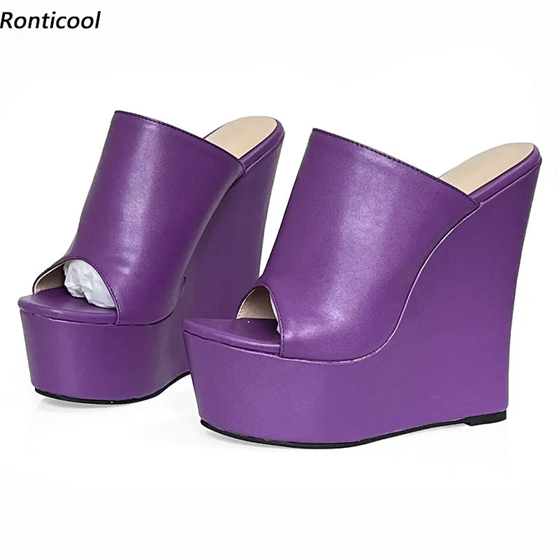 

Ronticool Handmade Women Mules Sandals Sexy Wedges High Heels Peep Toe Gorgeous Purple Red Cosplay Party Shoes US Size 5-15