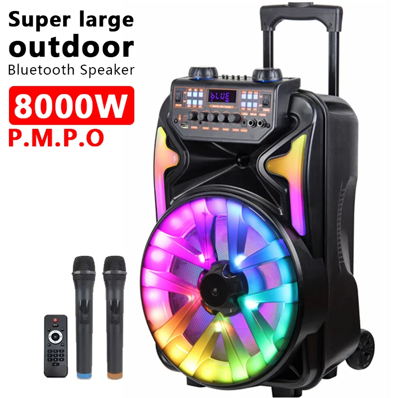 8000W Peak Power 15 Inch Outdoor Trolley Party Bluetooth Speaker Portable Subwoofer FM Audio With LED Light Dual Wireless MIC TF
8000W Peak Power 15 Inch Outdoor Trolley Party Bluetooth Speaker Portable Subwoofer FM Audio With LED Light Dual Wireless MIC TF