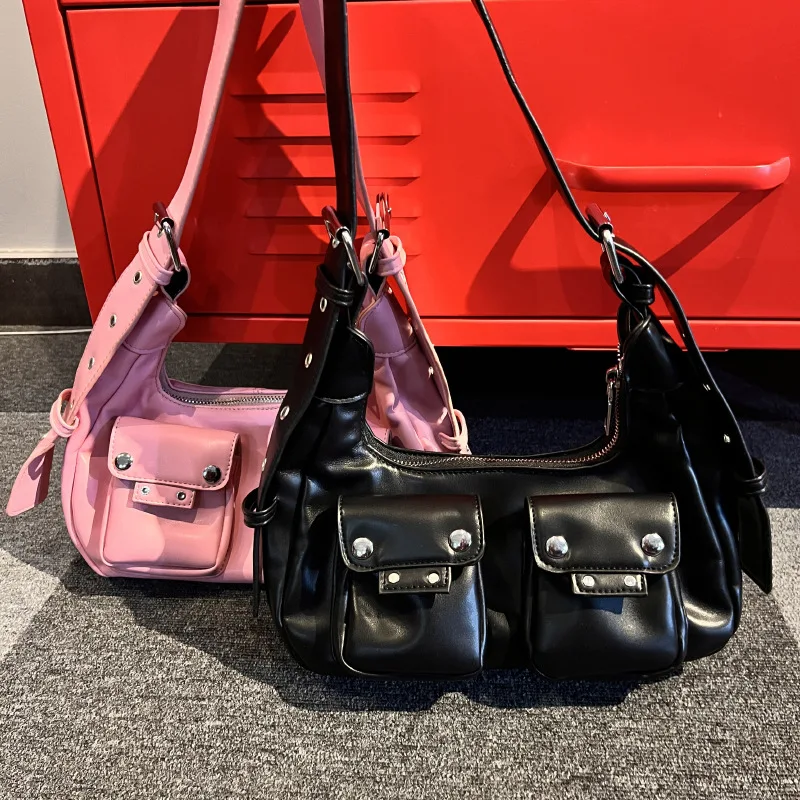 

Y2k розовые Наплечные сумки для женщин, дизайнерская роскошная кожаная сумка с черной палочкой, квадратная гранж-рок-сумка, модная женская сумка 2023