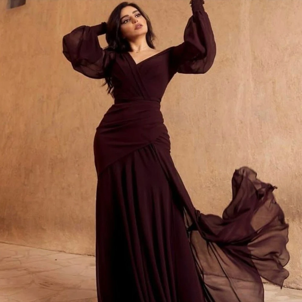 Женское шифоновое платье-русалка, бордовое вечернее платье до пола с V-образным вырезом, плиссированное платье для выпускного вечера 
Женское шифоновое платье-русалка, бордовое вечернее платье до пола с V-образным вырезом, плиссированное платье для выпускного вечера