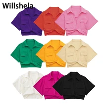 Willshela Women Fashion With Pockets Beige Solid Cropped Blouse Vintage Lapel Neck Short Sleeves Female Chic Lady Shirts