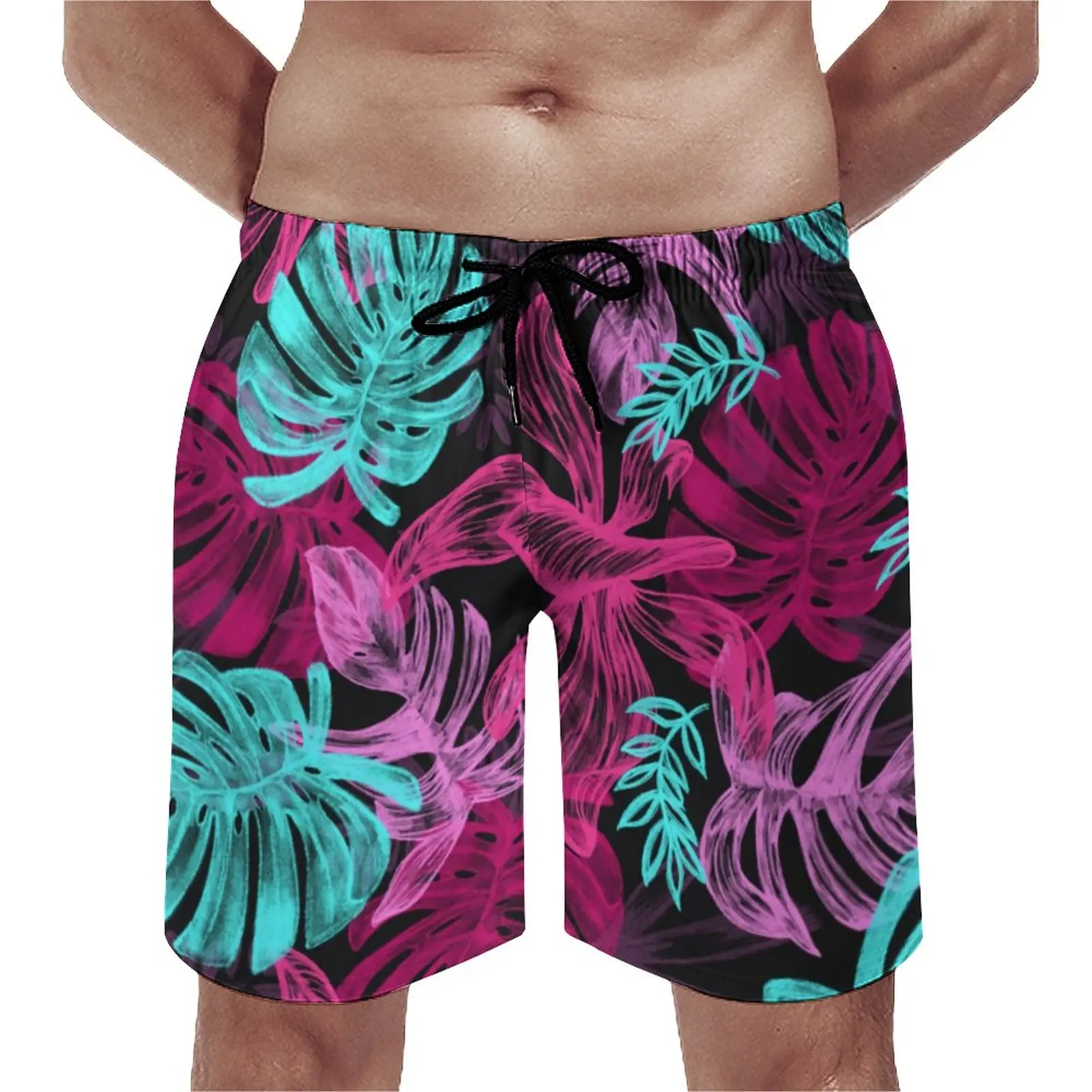 

Tropical Palm Leaves Board Shorts Summer Purple Leaf Print Casual Beach Shorts Males Running Surf Comfortable Swimming Trunks
