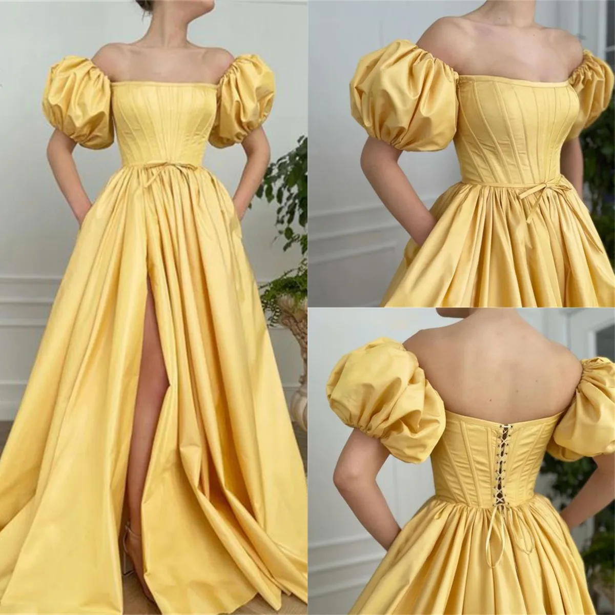 

Yellow Lace up Back Evening Dress Stain Prom Dresses High Split Party Dress Puffy Sleeves Celebrity Dress vestidos de fiesta