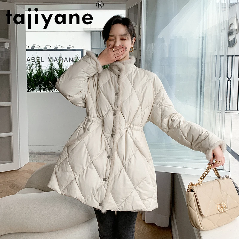 Женская куртка на белом утином пуху Tajiyane, куртка из 100% натуральной овчины, кожаная куртка с воротником-стойкой, Gmm909, зима 2021 
Женская куртка на белом утином пуху Tajiyane, куртка из 100% натуральной овчины, кожаная куртка с воротником-стойкой, Gmm909, зима 2021