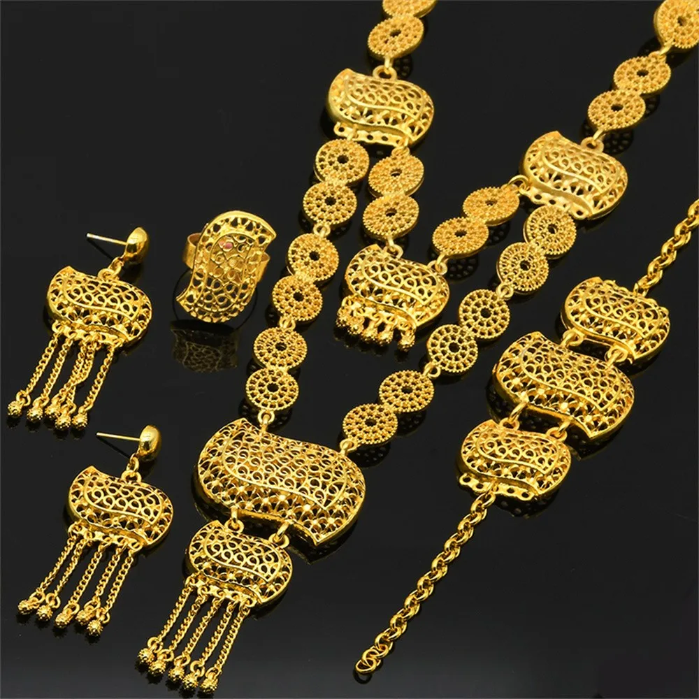 African Dubai Gold Bridal Jewelry Sets for Women Indian Wedding Party Long Necklace Bracelet Tassel Earrings Ring Jewelry Set
African Dubai Gold Bridal Jewelry Sets for Women Indian Wedding Party Long Necklace Bracelet Tassel Earrings Ring Jewelry Set