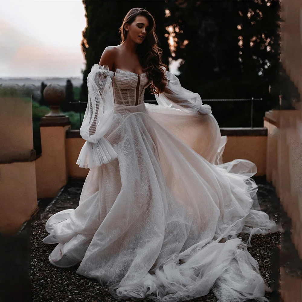 Charming Long Puff Sleeve Weddding Dresses Sweetheart Off The Shoulder Corset A Line Tulle Bridal Gown robe de mariee 2023
Charming Long Puff Sleeve Weddding Dresses Sweetheart Off The Shoulder Corset A Line Tulle Bridal Gown robe de mariee 2023