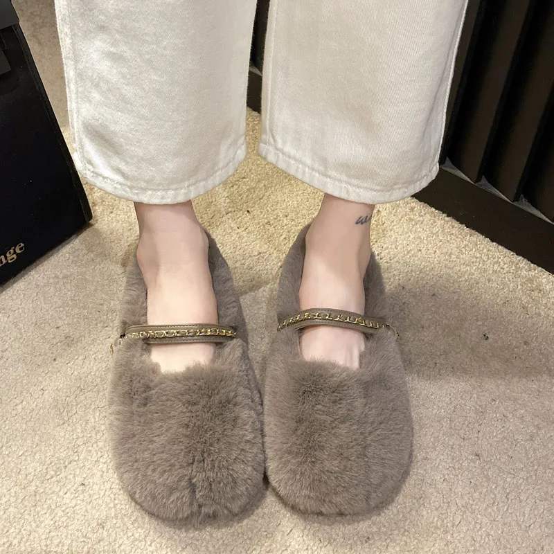 Elegant Grey Fur Loafers Woman Luxury Furry Ballet Flats Ladies Winter Warm Plush Evening Party Shoes With Leather Chain Belt 
Elegant Grey Fur Loafers Woman Luxury Furry Ballet Flats Ladies Winter Warm Plush Evening Party Shoes With Leather Chain Belt