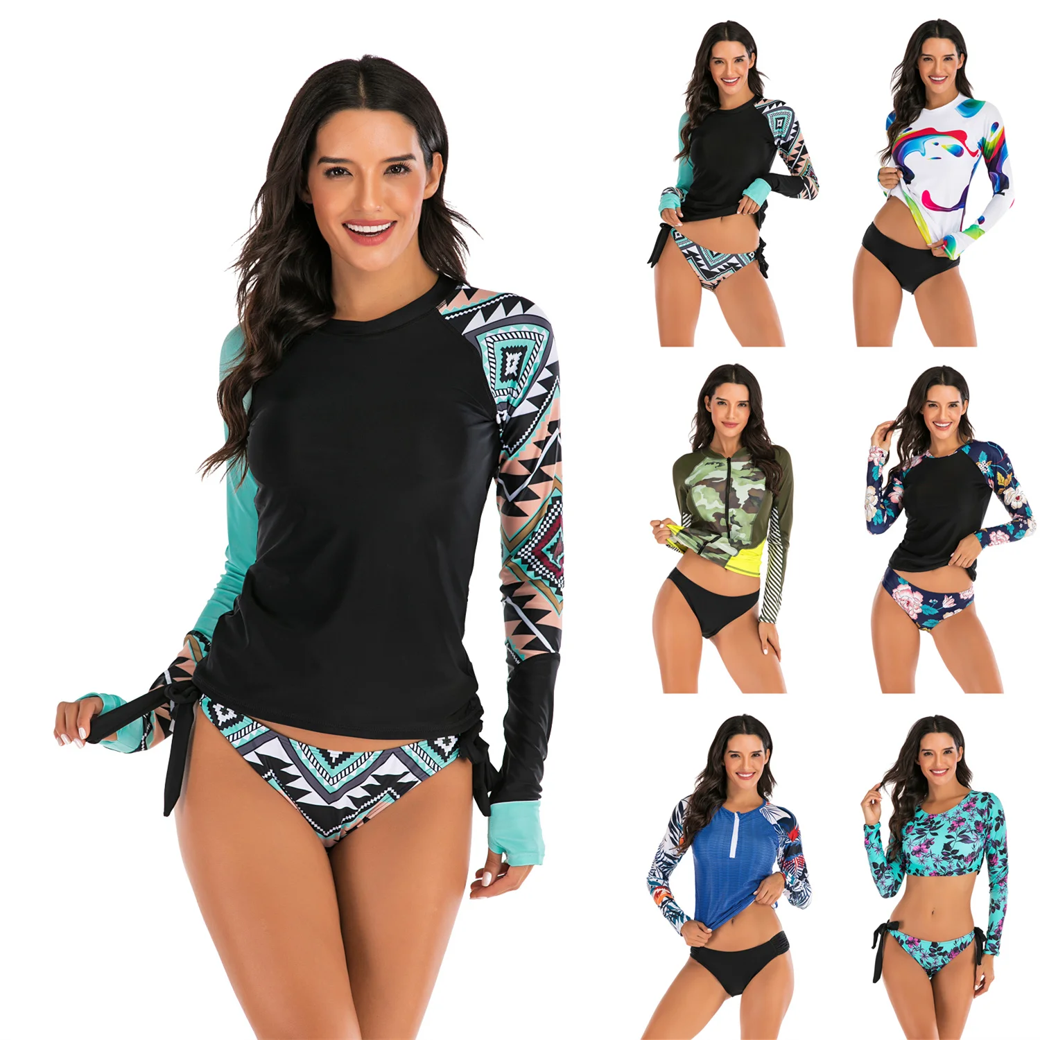 

UV Rashguard Women Long Sleeve Swimsuit Sun Protection Rash Guard Zipper SwimwearTwo Pieces Print Surf Shirt Top Spa Bating