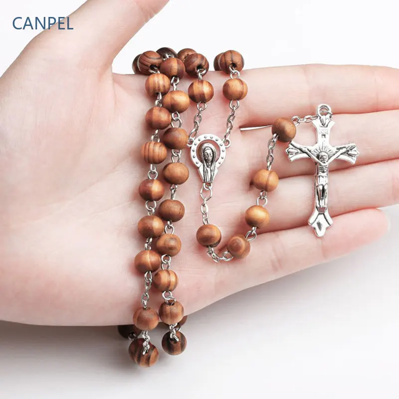 

PTQASP 8MM Wood Rosary Beads Necklace For Women Men Catholic Jesus Christ Cross Crucifix Pendant Long Chain Religious