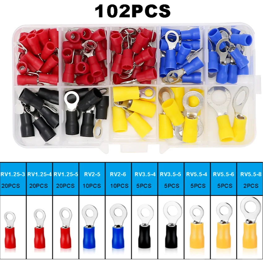 102PCS Insulated Cable Electrical Connector Wire Crimp Spade Butt Ring Fork Set Ring Lugs Rolled Terminals Assorted Kit 
102PCS Insulated Cable Electrical Connector Wire Crimp Spade Butt Ring Fork Set Ring Lugs Rolled Terminals Assorted Kit