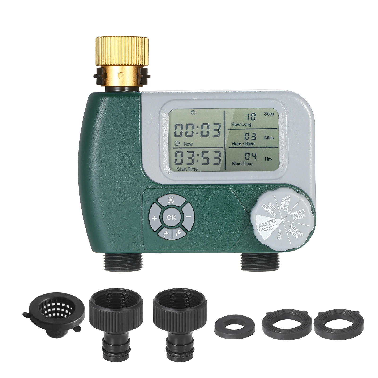 Programmable Digital Hose Faucet Timer Battery Operated Automatic Watering Sprinkler System Irrigation Controller with 2 Outlet
Programmable Digital Hose Faucet Timer Battery Operated Automatic Watering Sprinkler System Irrigation Controller with 2 Outlet