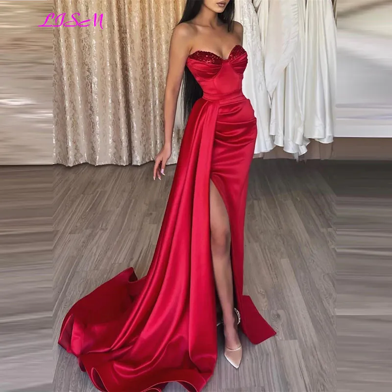 Mermaid Sparkle Shine High Split Prom Dress Strapless Sleeveless Court Train Satin with Sequin Slit Formal Evening Dresses
Mermaid Sparkle Shine High Split Prom Dress Strapless Sleeveless Court Train Satin with Sequin Slit Formal Evening Dresses