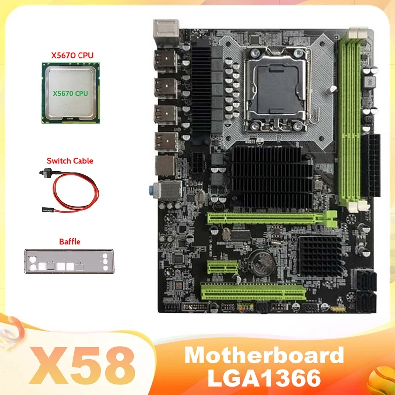 

X58 Motherboard LGA1366 Computer Motherboard Supports DDR3 ECC RAM Support RX Graphics Card With X5670 CPU+Switch Cable