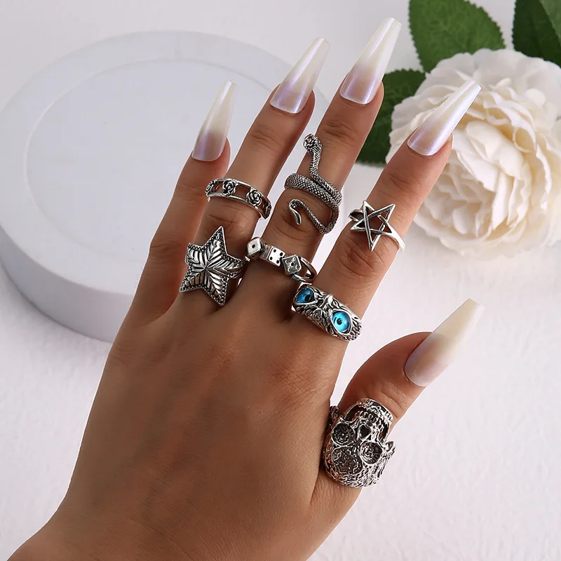 

7Pcs Vintage Snake Ring for Women Owl/Skull/Starfish/Flower/Pentagram Shaped Silver Jewelry Set Punk Gothic Gift 2022 New Trends