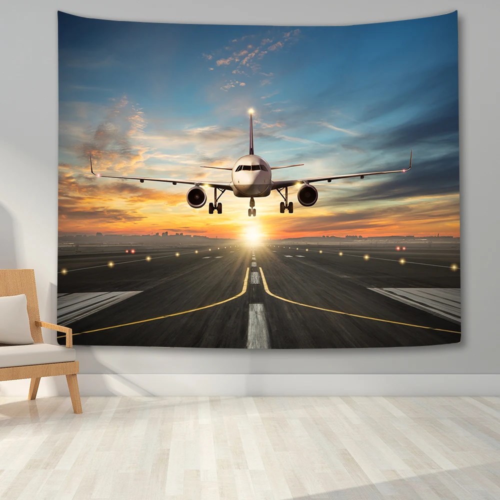 

3D Airplane Sunset Tapestry Aircraft Runway Wall Hanging Tapestries Large Passenger Aircraft Wall Blanket for Home Bedroom Decor