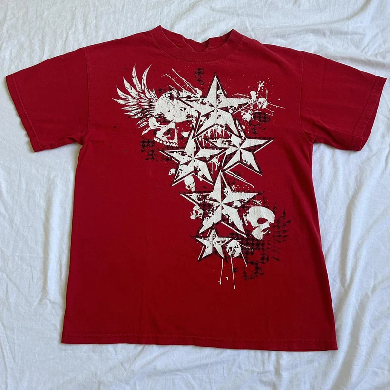 

90s Vintage Mall Goth T-shirt Women Y2K Cyber Grunge Skull Emo Star Print Tees Harajuku Vintage Short Sleeve O Neck Crop Tops