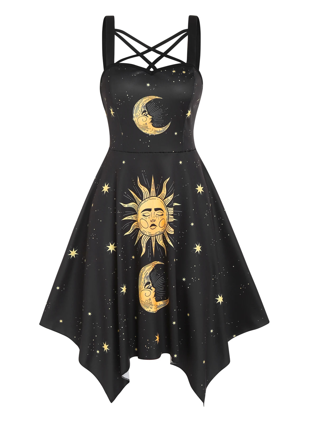 

Dressfo Gothic Contrast Celestial Sun Moon Star Printed Midi Dress Crisscross Backless Sleeveless A Line Dress