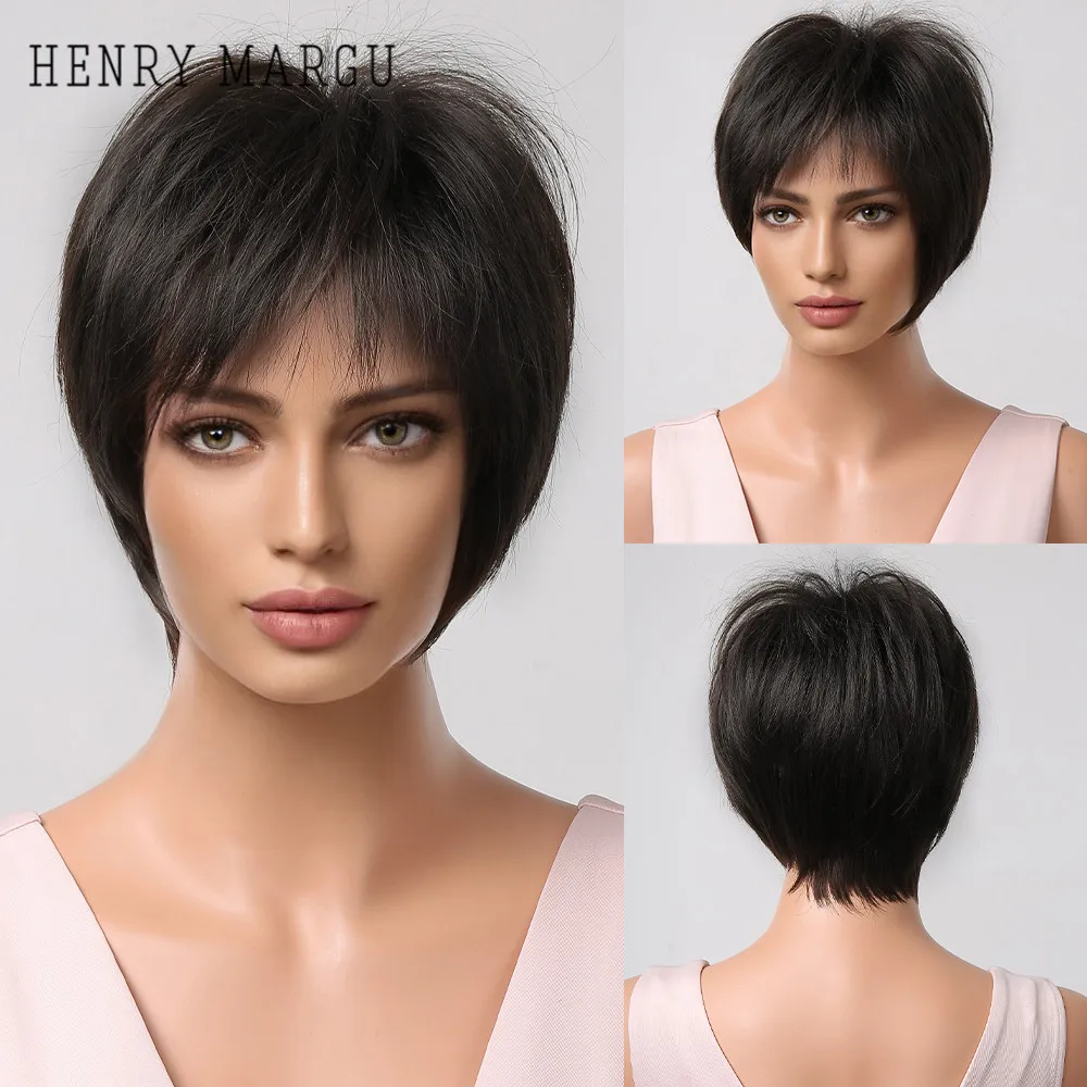 

HENRY MARGU Black Short Straight Synthetic Wigs With Pixie Cut Bang for Black Women Daily Cosplay Layered Bob Wig Heat Resistant