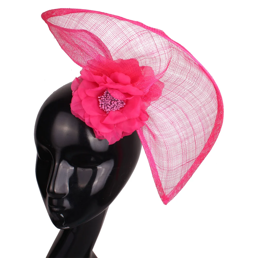

SILK Flower Party Church Tea Derby Sinamay Fascinator Hat Pink Wedding Holiday Mesh For Women Feather Fedora Pillbox Hats SYF665