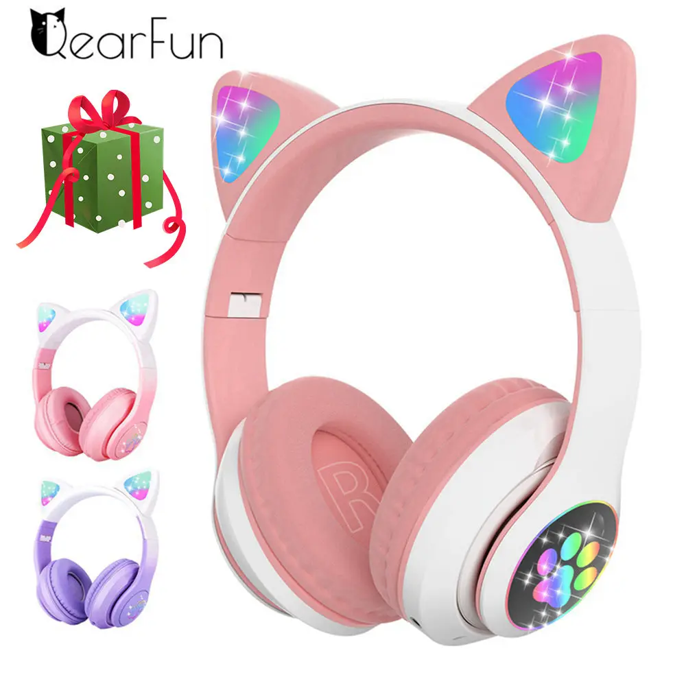 

Qearfun Flash Light Cute Cat Ear Headphones Wireless with Mic Can close LED Kids Girl Stereo Phone Music Bluetooth Headset Gamer