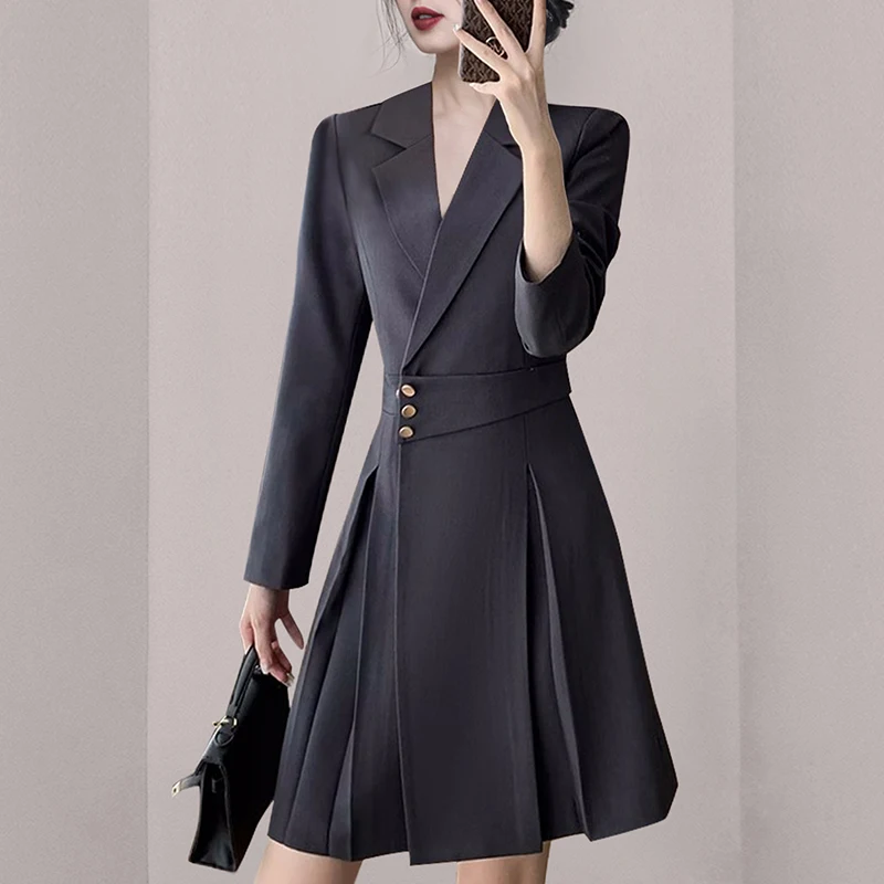 Business Autumn Winter Black Notched Collar Dress Elegant Women Long Sleeve Ladies Office Slim Waist Blazer Pleated Work Dresses
Business Autumn Winter Black Notched Collar Dress Elegant Women Long Sleeve Ladies Office Slim Waist Blazer Pleated Work Dresses