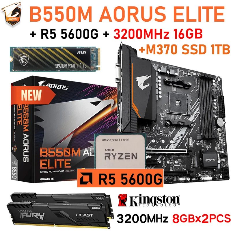 Материнская плата Gigabyte B550M AORUS ELITE AM4, комбинированная материнская плата AMD Ryzen 5 5600G, комплект ЦП Kingston DDR4 3200 МГц 16 ГБ ОЗУ + M370 SSD1TB
Материнская плата Gigabyte B550M AORUS ELITE AM4, комбинированная материнская плата AMD Ryzen 5 5600G, комплект ЦП Kingston DDR4 3200 МГц 16 ГБ ОЗУ + M370 SSD1TB
