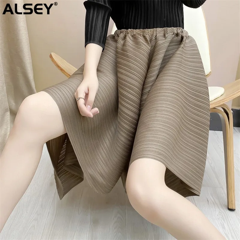 

ALSEY Miyake Pleated Counter with The Same Pants Female Wide-legged Flared Pants Fashion Loose Five-quarter Pants Summer New