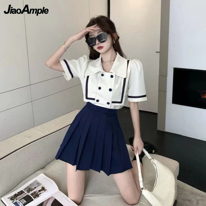 2022 Summer Preppy Style Two Pieces Skirts Set Women's Fashion Graceful Short Sleeve Tops+High Waist Pleated A-Line Skirt Outfit
2022 Summer Preppy Style Two Pieces Skirts Set Women's Fashion Graceful Short Sleeve Tops+High Waist Pleated A-Line Skirt Outfit