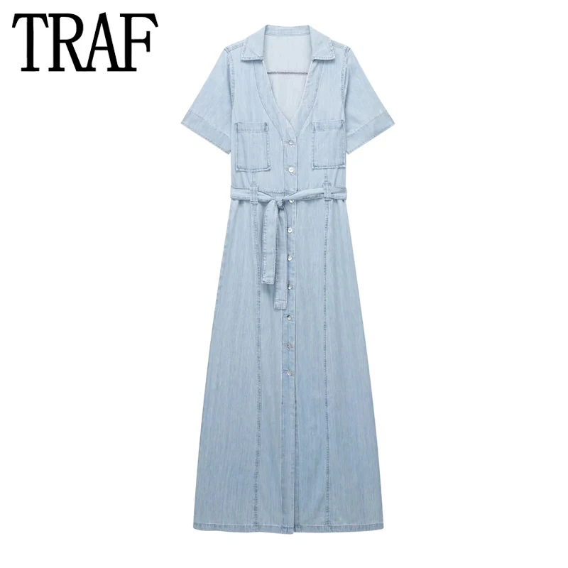 TRAF 2023 Blue Denim Dress Woman Belt Midi Shirt Dress Summer Short Sleeve Long Dresses For Women Button Up Casual Dresses
TRAF 2023 Blue Denim Dress Woman Belt Midi Shirt Dress Summer Short Sleeve Long Dresses For Women Button Up Casual Dresses