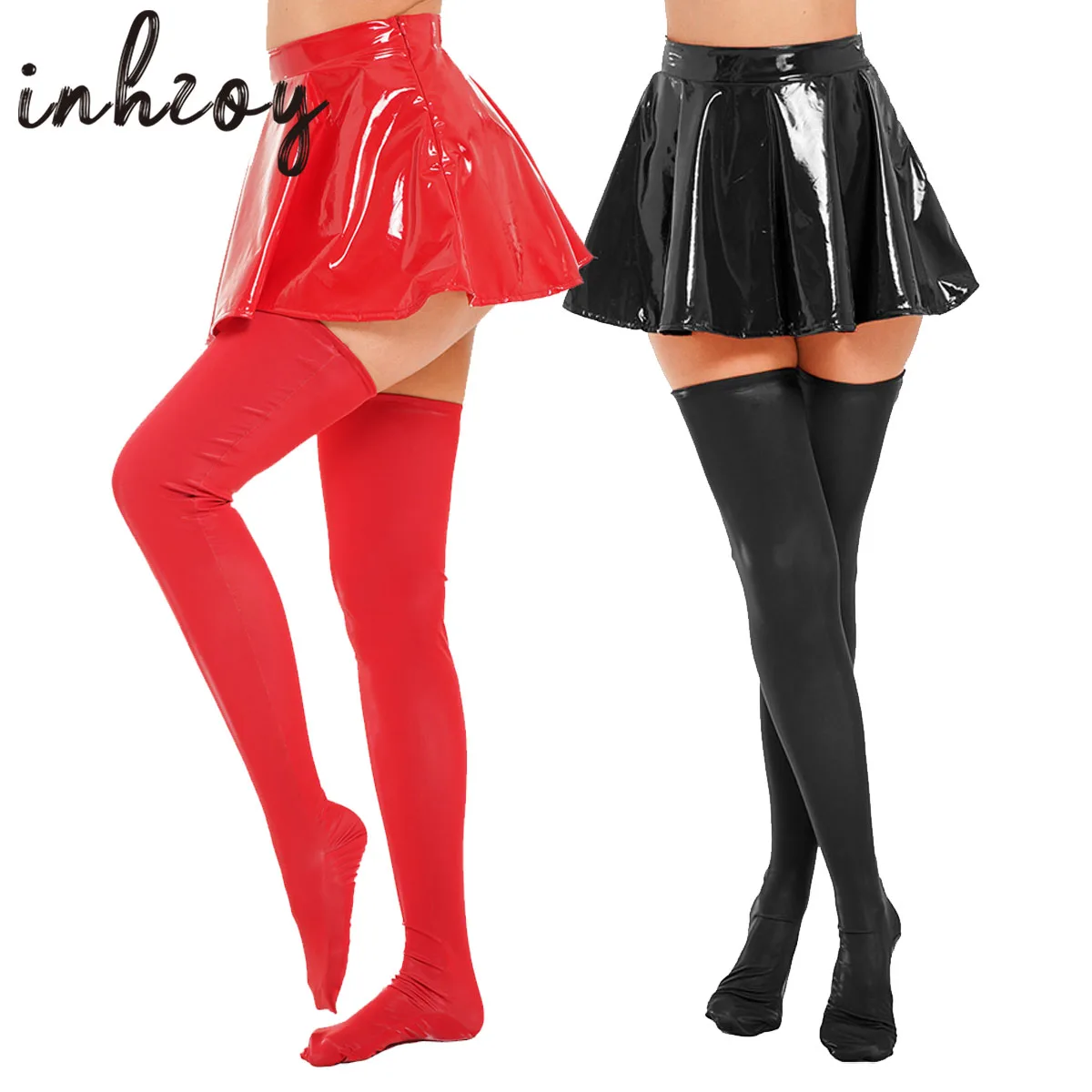 Womens Glossy Patent Leather Flared Miniskirt with Footed Thigh High Stockings Set Sexy Latex Wet Look A-Line Short Mini Skirts
Womens Glossy Patent Leather Flared Miniskirt with Footed Thigh High Stockings Set Sexy Latex Wet Look A-Line Short Mini Skirts