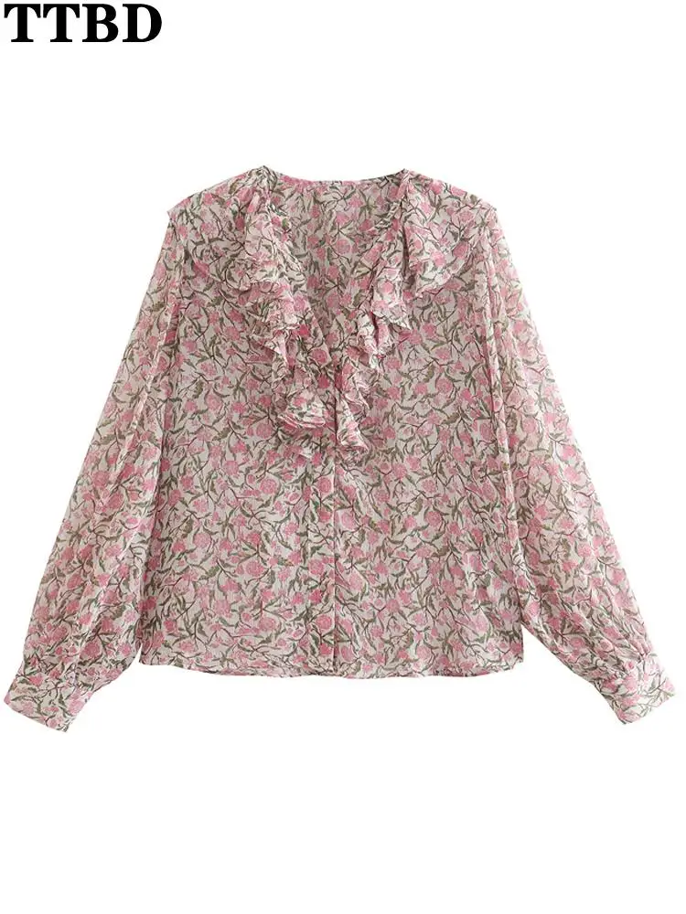 TTBD elegant blouse Women new gold buttons floral print with ruffles blouses vintage v neck long sleeve female shirts chic tops
TTBD elegant blouse Women new gold buttons floral print with ruffles blouses vintage v neck long sleeve female shirts chic tops