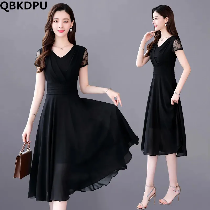 Summer Chiffon A-Line V-Neck Mid Length Dress Women Elegant Lace Sleeve Slim Dresses Korean Fashion Black Vestido Casual Robe
Summer Chiffon A-Line V-Neck Mid Length Dress Women Elegant Lace Sleeve Slim Dresses Korean Fashion Black Vestido Casual Robe