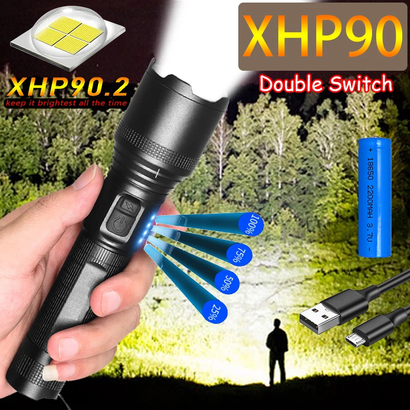 

Мощный светодиодный фонарик P90 с двумя переключателями, 5 режимов, масштабируемые фонарики, водонепроницаемый фонарик с USB, алюминиевый фона...