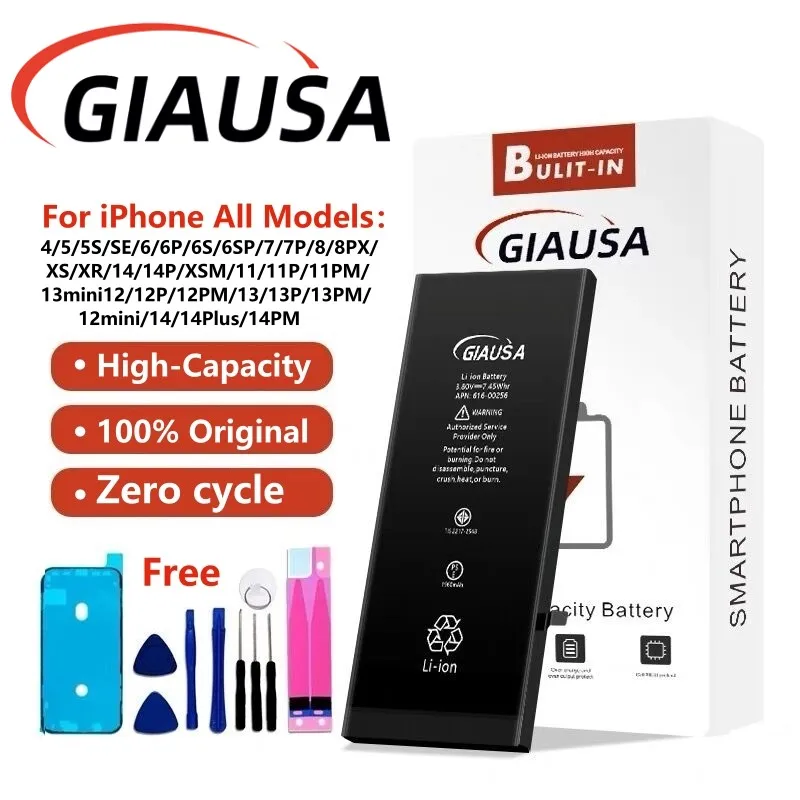 Аккумулятор GIAUSA для iPhone, перезаряжаемая литиевая батарея большой емкости для iphone 11 12 13 14 Pro 6S 6 7 8 Plus X XS Max
Аккумулятор GIAUSA для iPhone, перезаряжаемая литиевая батарея большой емкости для iphone 11 12 13 14 Pro 6S 6 7 8 Plus X XS Max