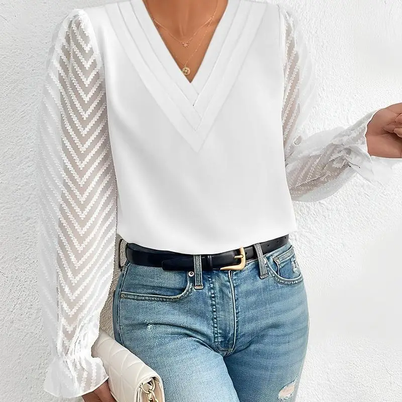 Chevron Pattern Sheer Mesh Long Sleeve Top Women Spring Summer Solid Color Slim Fit V Neck Ruffle Spliced Fashion
Chevron Pattern Sheer Mesh Long Sleeve Top Women Spring Summer Solid Color Slim Fit V Neck Ruffle Spliced Fashion