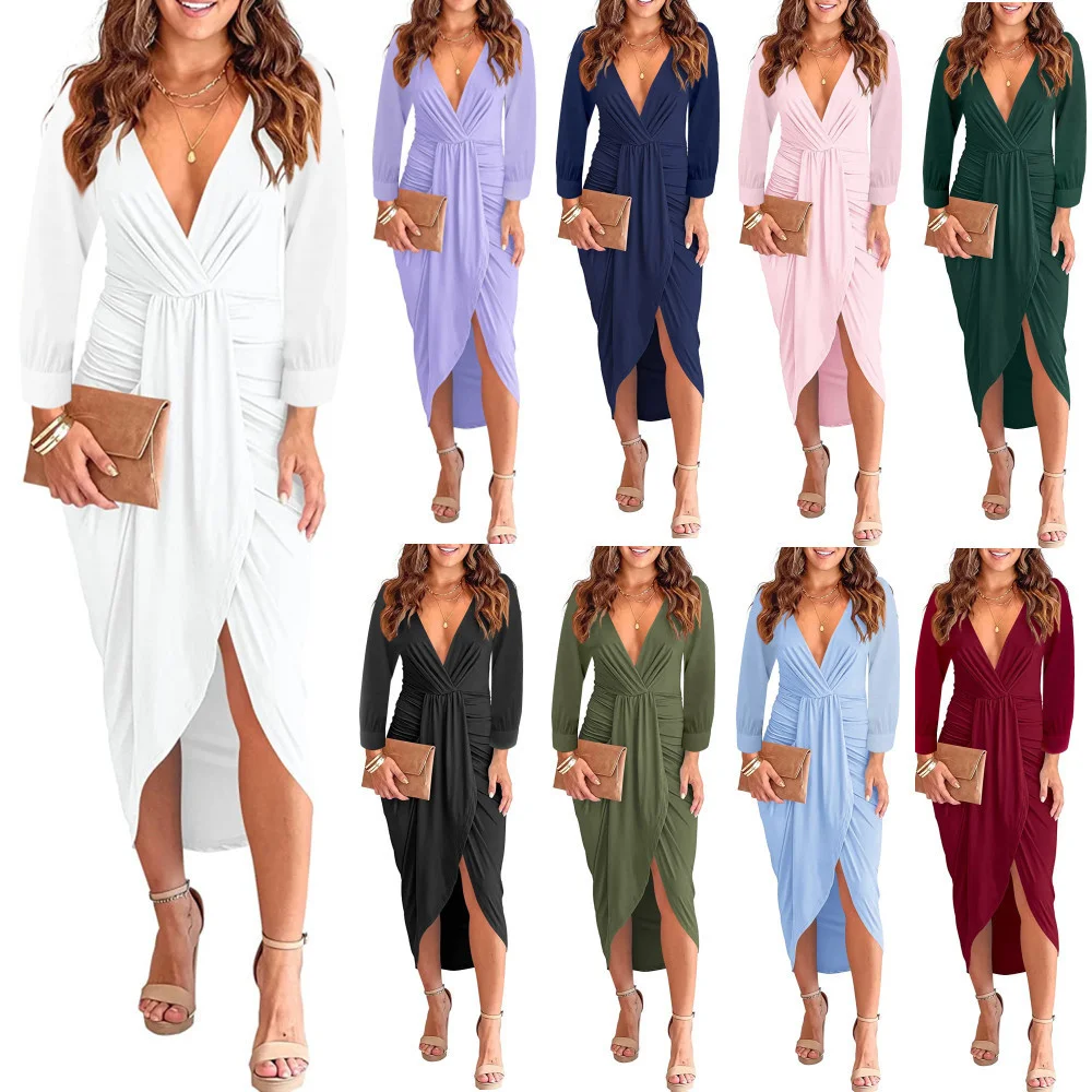 2022 Autumn Winter New Women's Solid Color Deep V-Neck Pleated Long-Sleeved Midi Skirt Ladies Sexy Bag Hip Slit Pullover Dress
2022 Autumn Winter New Women's Solid Color Deep V-Neck Pleated Long-Sleeved Midi Skirt Ladies Sexy Bag Hip Slit Pullover Dress