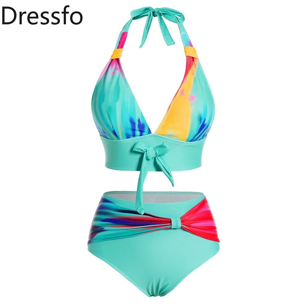 

Dressfo Colorful Tie Dye Print Halter Bikini Swimsuit Padded Bowknot Bikini Two Piece Swimwear High Waist Tankini Bathing Suit