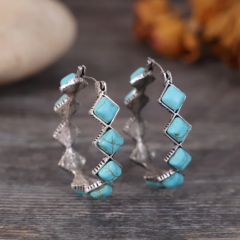 

U-shape HOOP Earrings Fashion Western Bohemia Blue Turquoise Stone Exaggerated Geometry Circle Ear Jewelry For women trendy Gift