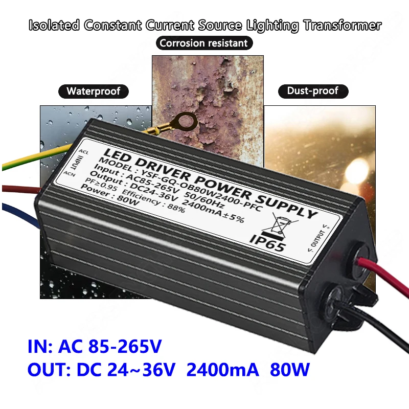 

2400mA 80W LED Lamp Lighting Transformer 85-265V AC to DC 24-36V Waterproof IP65 Aluminum Isolated Constant Current Driver Power