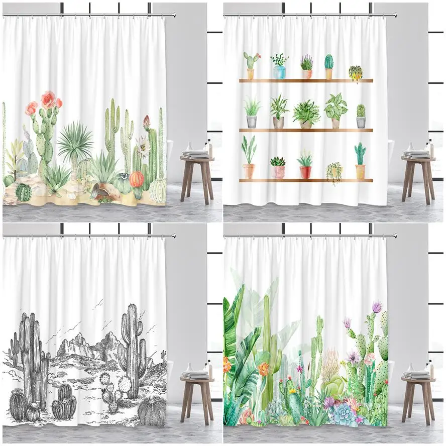 

Tropical Green Flowers Plants Cactus Shower Curtain Spring Modern Potted Succulents Palm Leaves Fabric Bathroom Curtains Decor