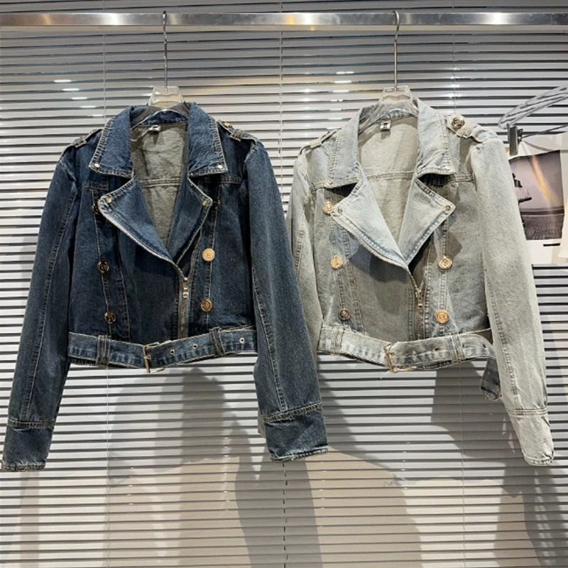 Джинсовая мотоциклетная куртка для женщин, модные джинсовые куртки на молнии с двумя карманами и отворотами, осень 2023, свободная повседневная короткая джинсовая куртка для женщин 
Джинсовая мотоциклетная куртка для женщин, модные джинсовые куртки на молнии с двумя карманами и отворотами, осень 2023, свободная повседневная короткая джинсовая куртка для женщин