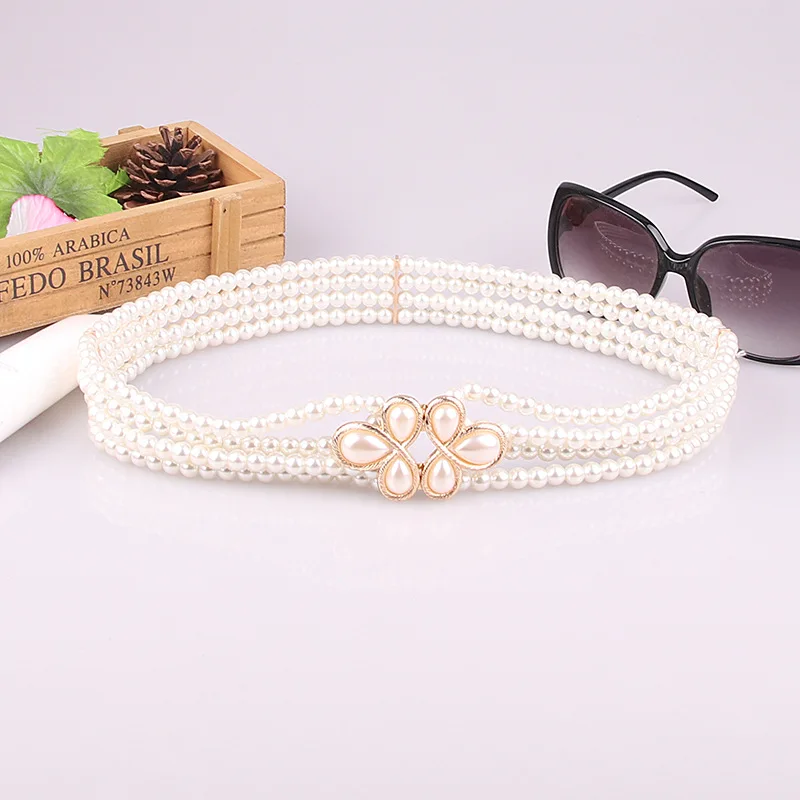 

Women Rhinestone Pearl Waist Chain Belt Fashion Dress Elastic Embellished Girdle Female Acrylic Pearl Sweet Flower Belts