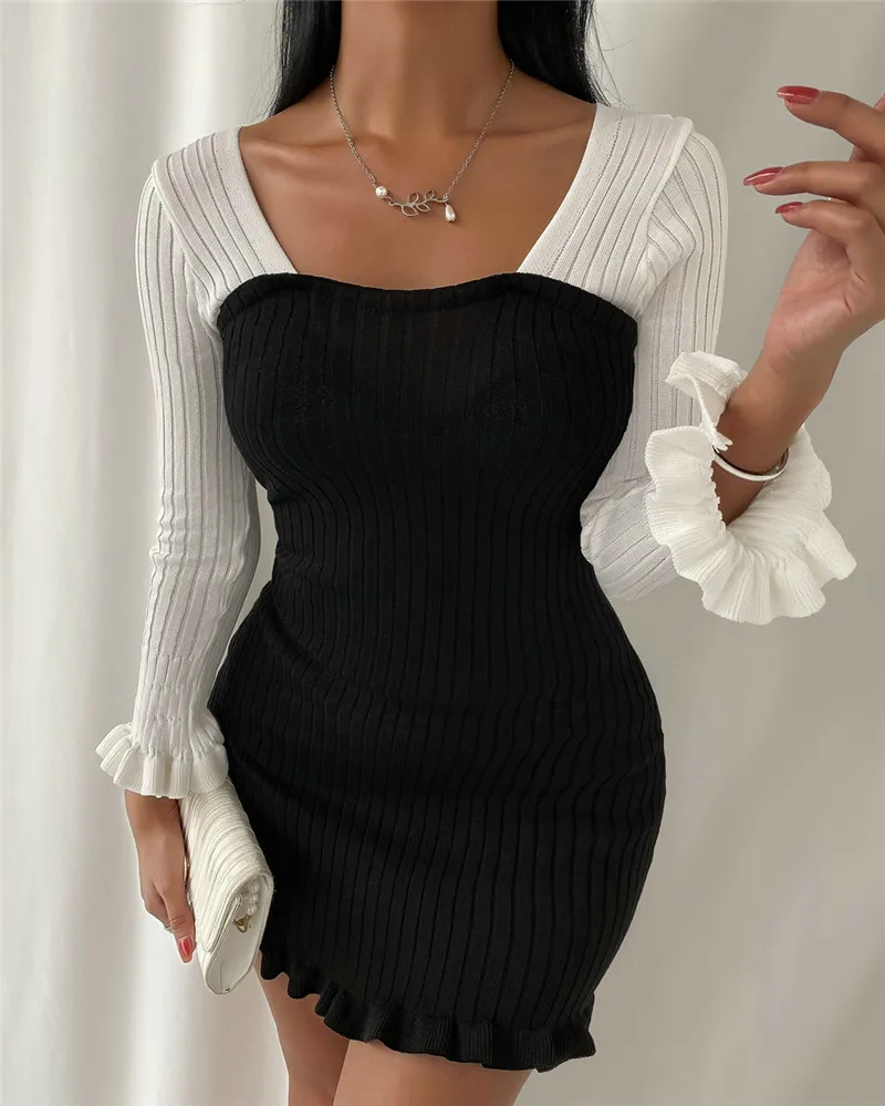 2021 Spring Fall Women Long Sleeve High Waist Skinny Slim Hip Dress Fashion Black Color Matching Design Bow O-Neck Mini Dress 
2021 Spring Fall Women Long Sleeve High Waist Skinny Slim Hip Dress Fashion Black Color Matching Design Bow O-Neck Mini Dress