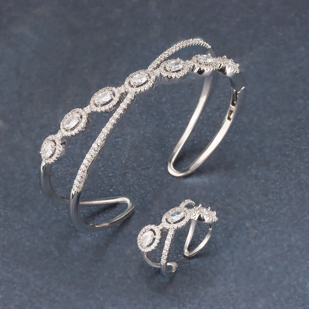 Luxury Dubai Cross Over Design Cubic Zirconia Bangle Ring Jewelry Set Wedding Party High Quality Bride Jewelry
Luxury Dubai Cross Over Design Cubic Zirconia Bangle Ring Jewelry Set Wedding Party High Quality Bride Jewelry